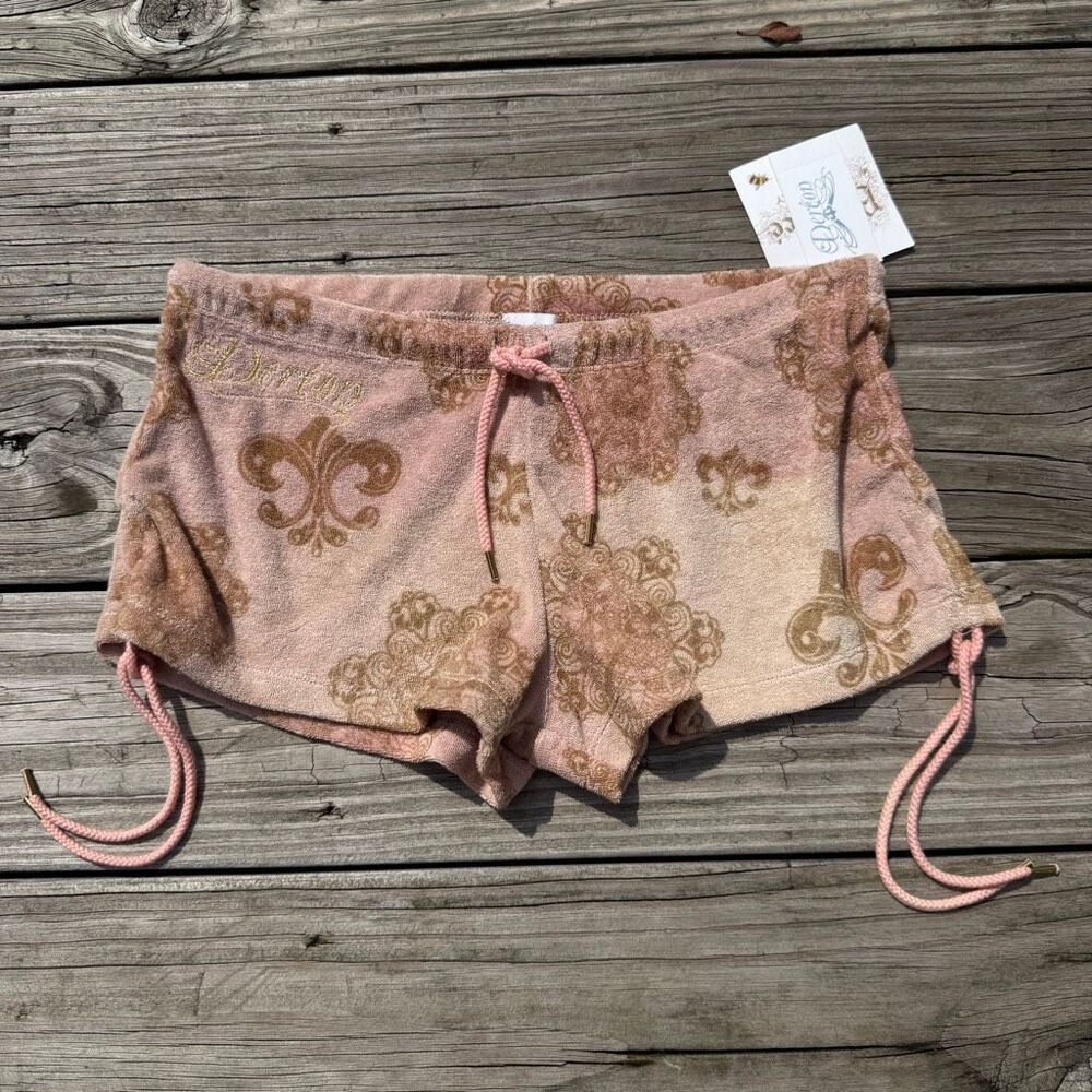 Dereon Women’s XL NWT Y2K Pink Tan Velour Fleur De Lis Lounge Shorts